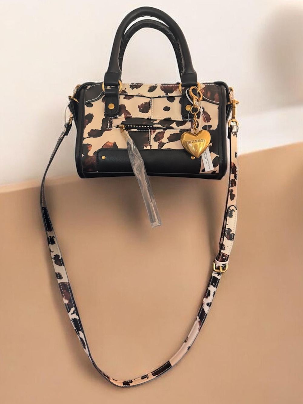 Steve Madden Cow Print Satchel in Beige, Black & Brown - Picture 1 of 5